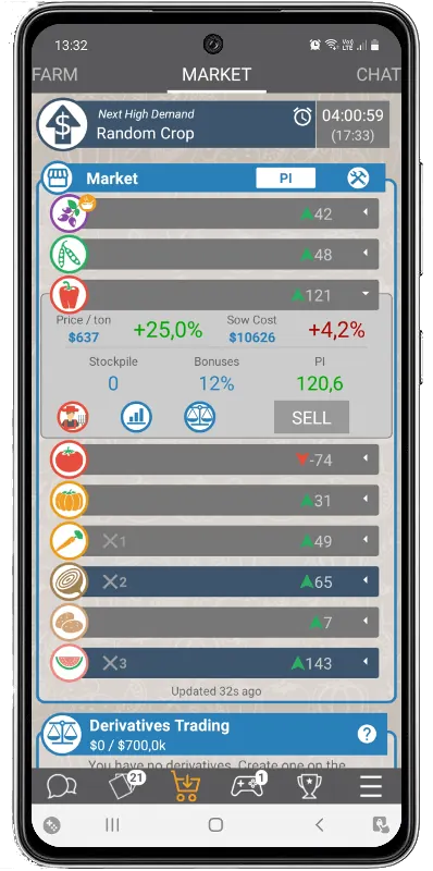 Farm Wars market trading screen - real-time market dynamics